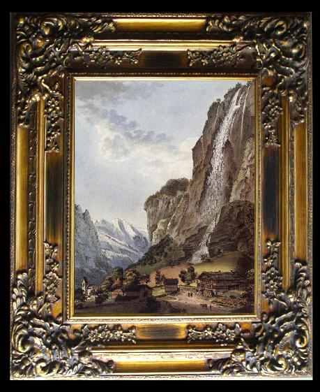 framed  Johann Ludwig Aberli Fall d-eau apellee Staubbach in the Vallee Louterbrunnen, Ta014